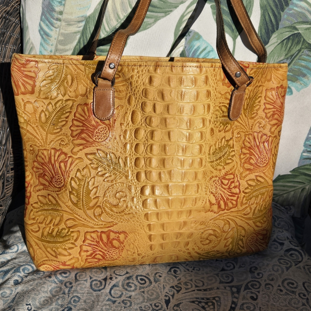 Raviani Caramel Color Crocodile and Floral Embosed Leather Tote Bag 18"x12"